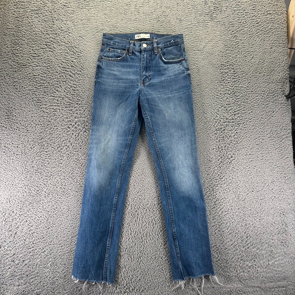 Zara The Truth Jeans Womens 2 Blue Cotton Denim Straight Slim Raw-Hem Workwear